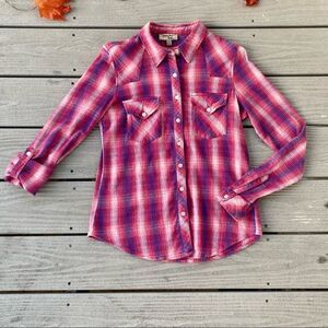 Triple Five Soul Pink Purple Western Button Up Long Sleeve Plaid Shirt M